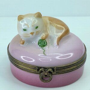 Limoges Castel Cat Trinket Box Peint Main France Vivid Green Eyes  2" A320
